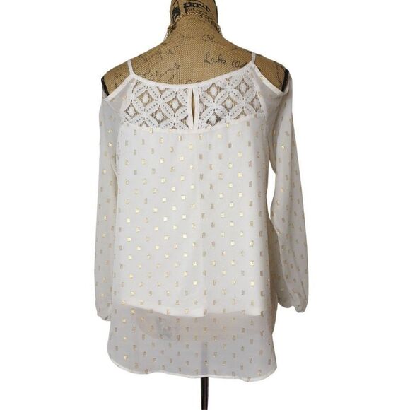 Women's Cold Shoulder Blouse Crochet Lace Gold Detail Layer Chiffon Top M - Picture 3 of 6